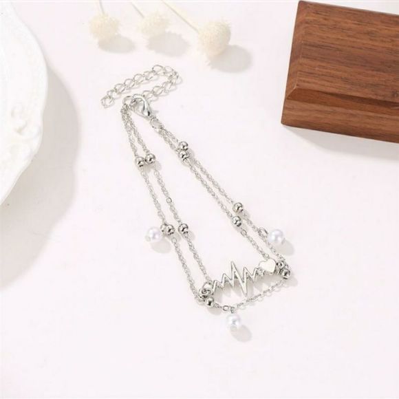 Cardiograph and Pearls Double Layered Ankle Bracelet New - Picture 2 of 5